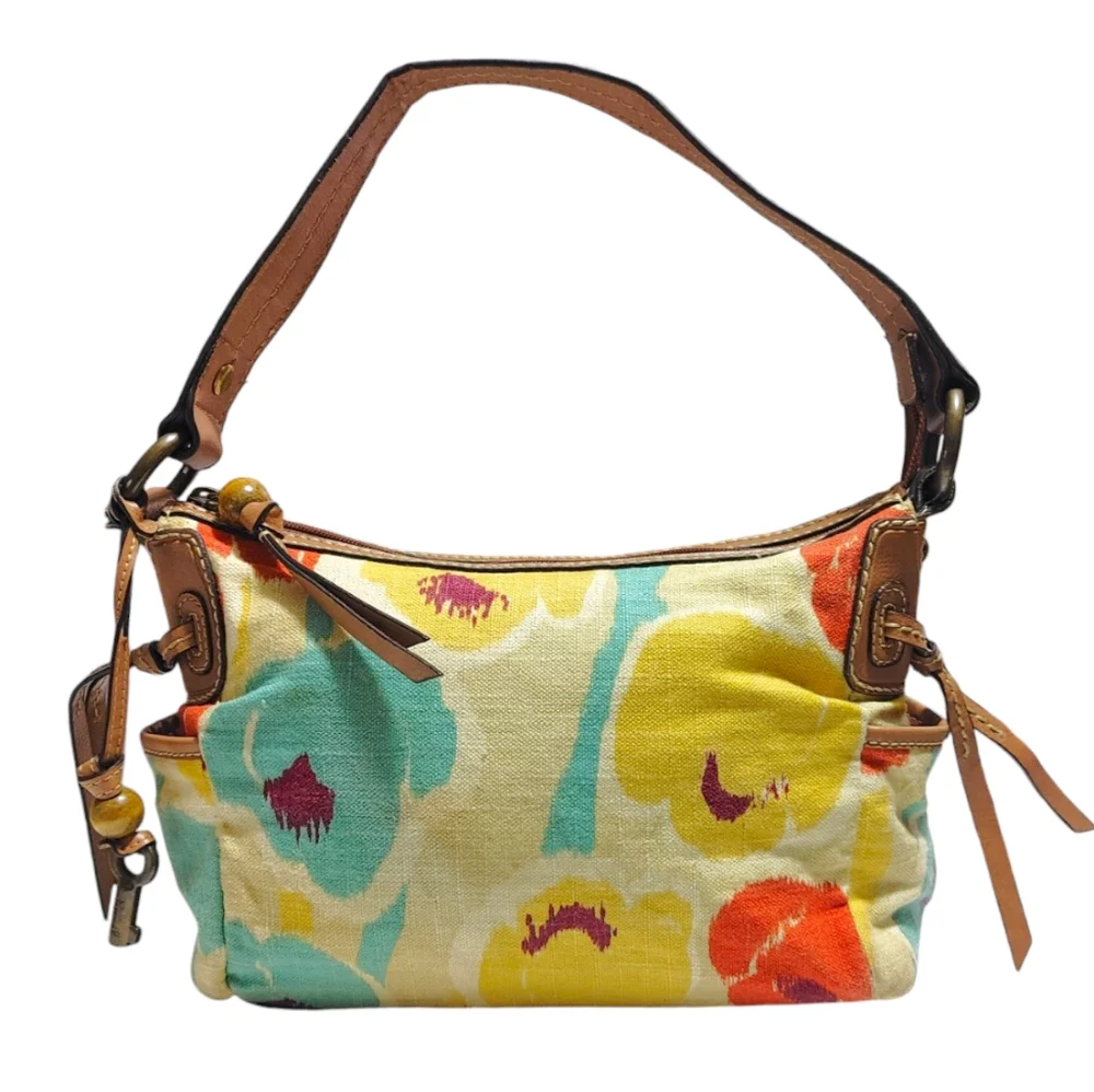 Fossil Colorful Floral Canvas Leather Boho Style Bag Handbag Purse Satchel